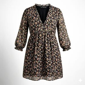 Zara Floral Ruffle V-Neck Mini Dress Black Boho Cottagecore L